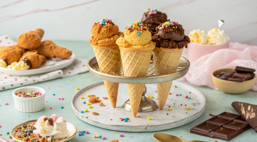 A novelty dessert resembling a fried chicken ice cream coated in crunchy cereal crumbs, served on a plate.