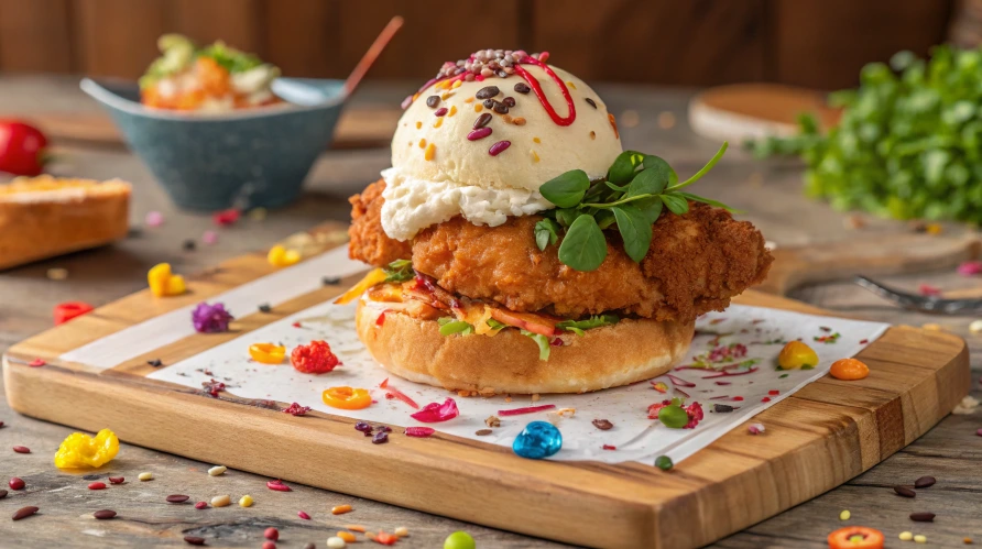 A novelty dessert resembling a fried chicken ice cream coated in crunchy cereal crumbs, served on a plate.