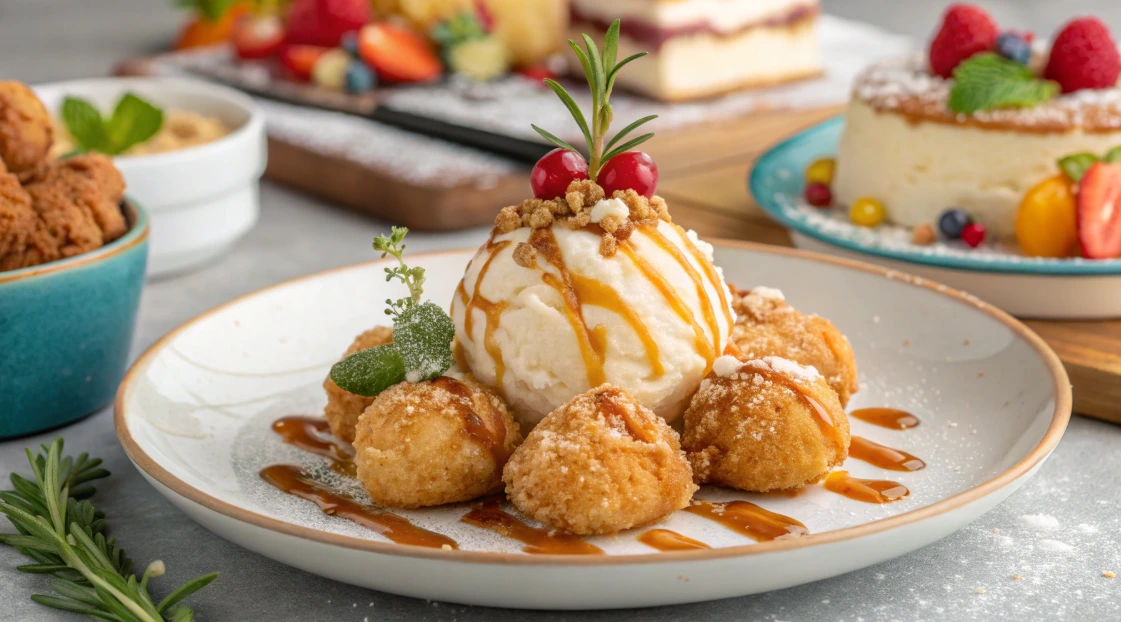 A novelty dessert resembling a fried chicken ice cream coated in crunchy cereal crumbs, served on a plate.