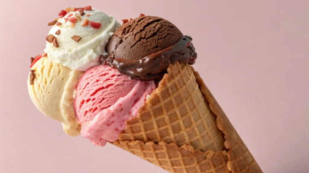 Neapolitan Ice Cream Image:** "A vibrant close-up of a classic Neapolitan ice cream scoop trio. Creamy vanilla, rich chocolate, and sweet strawberry ice cream are perfectly aligned side by side, showcasing their distinct pastel hues. The smooth texture of each flavor is highlighted, with faint swirls where the flavors meet. The background features a simple, light surface, emphasizing the ice cream's colorful appeal. A timeless treat that celebrates variety in every scoop."