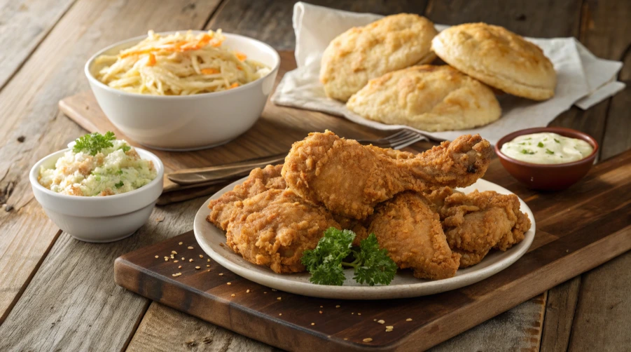 Delicious Homemade Popeyes Chicken Recipe 1 Golden, crispy fried chicken served on a wooden board, seasoned to perfection with a blend of spices. Accompanied by a side of fluffy biscuits and creamy dipping sauce, this homemade Popeyes-inspired chicken recipe looks absolutely mouthwatering.