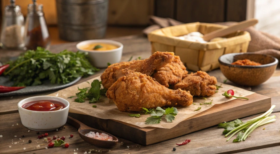 crispy fried chicken recipe Close-up of crunchy, golden-brown fried chicken pieces, glistening with flavor. A perfect homemade take on the classic Popeyes recipe, paired with warm, buttery biscuits and a tangy dipping sauce.