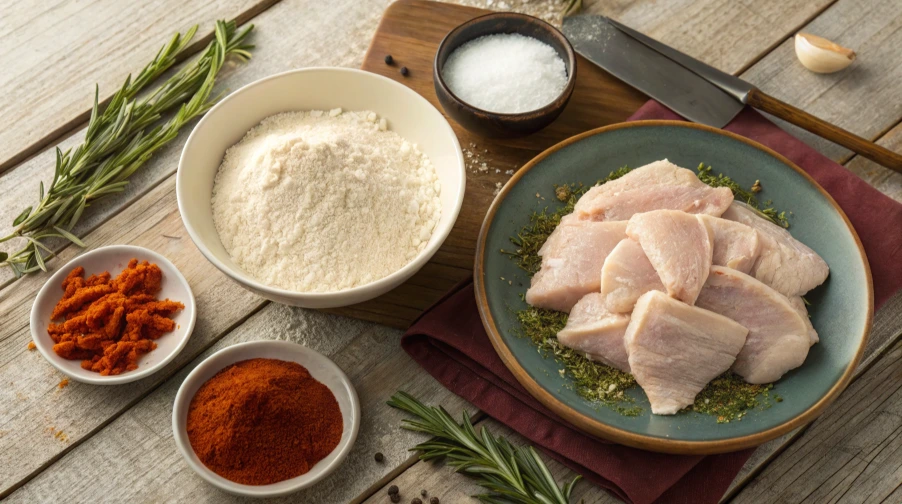southern fried chicken ingredients ingredients Close-up of crunchy, golden-brown fried chicken pieces, glistening with flavor. A perfect homemade take on the classic Popeyes recipe, paired with warm, buttery biscuits and a tangy dipping sauce.