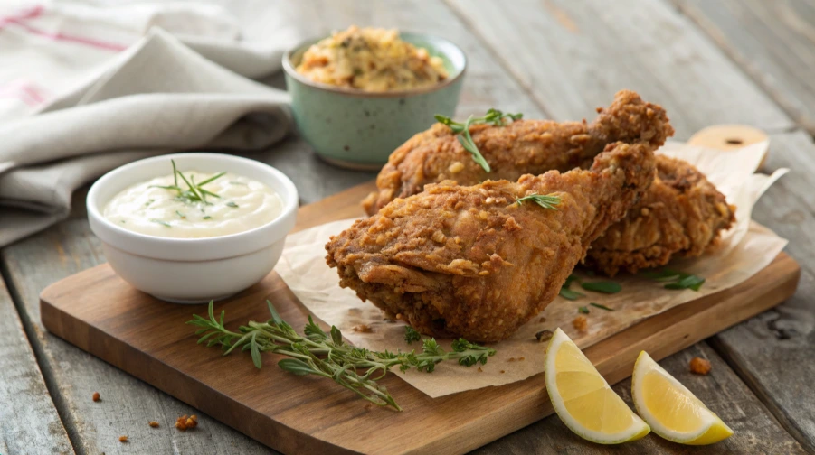 buttermilk fried chicken Close-up of crunchy, golden-brown fried chicken pieces, glistening with flavor. A perfect homemade take on the classic Popeyes recipe, paired with warm, buttery biscuits and a tangy dipping sauce.