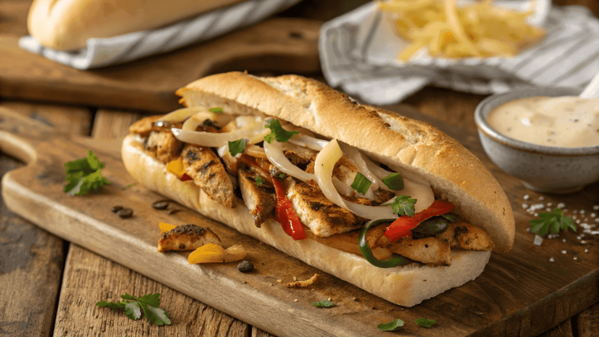 chicken philly cheesesteak Close-up of a Chicken Philly Cheesesteak sandwich, featuring tender grilled chicken slices, melted provolone cheese, sautéed onions, bell peppers, and mushrooms, all packed into a toasted hoagie roll