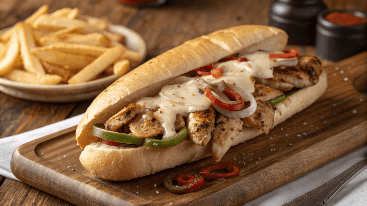 Close-up of a Chicken Philly Cheesesteak sandwich, featuring tender grilled chicken slices, melted provolone cheese, sautéed onions, bell peppers, and mushrooms, all packed into a toasted hoagie roll