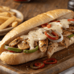 Close-up of a Chicken Philly Cheesesteak sandwich, featuring tender grilled chicken slices, melted provolone cheese, sautéed onions, bell peppers, and mushrooms, all packed into a toasted hoagie roll