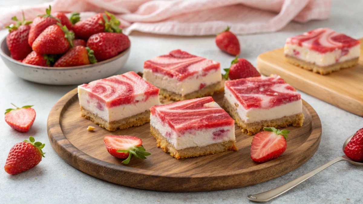 Delicious strawberry cheesecake bars featuring a buttery graham cracker crust, creamy cheesecake layer, and fresh strawberry swirl, cut into perfect squares and served on a plate.