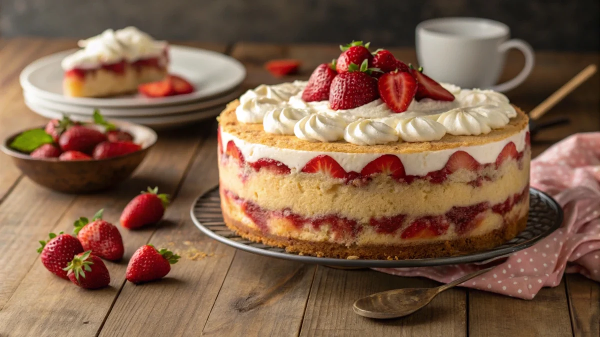 Close-up of a delicious strawberry cheesecake with a golden graham cracker crust, creamy cheesecake filling, and a glossy strawberry topping, garnished with fresh strawberries .