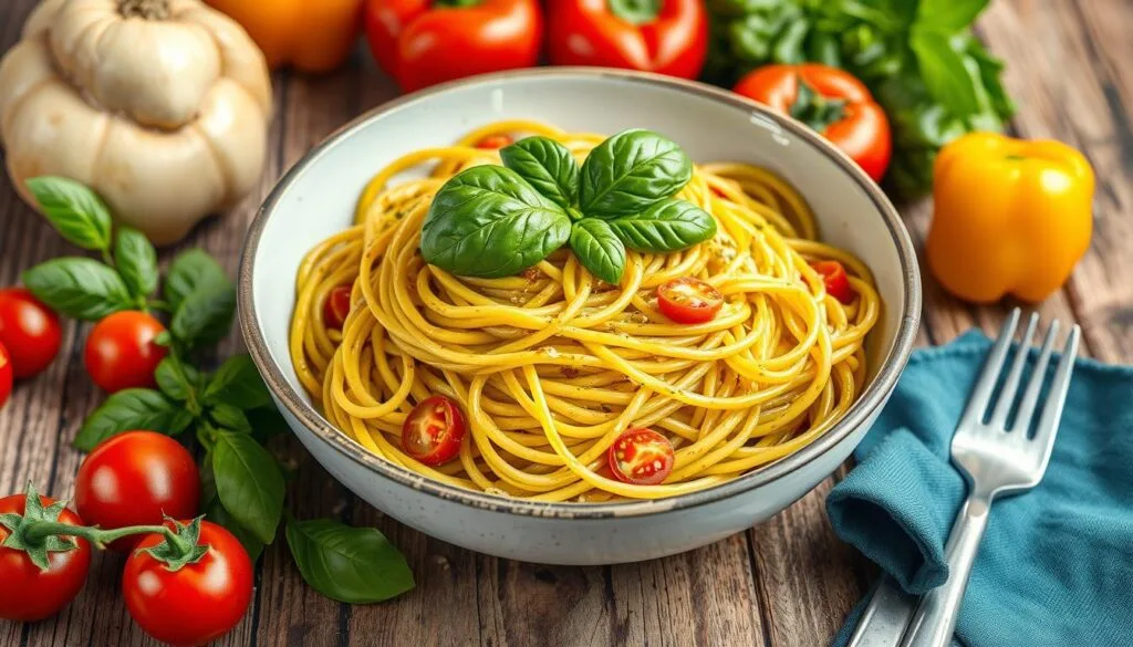 green spaghetti dish