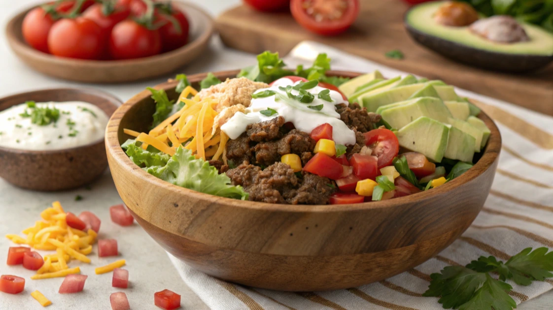 A deconstructed hamburger bowl served in a white dish, featuring seasoned ground beef, crisp lettuce, fresh tomatoes, pickles, and a creamy sauce drizzle.