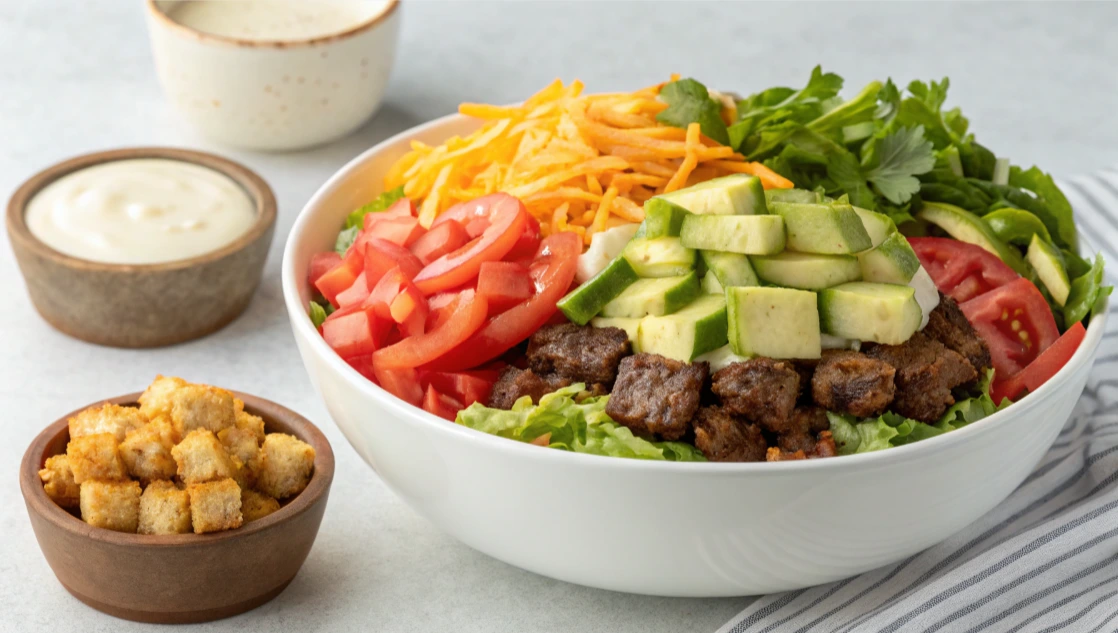 hamburger bowl A deconstructed hamburger bowl served in a white dish, featuring seasoned ground beef, crisp lettuce, fresh tomatoes, pickles, and a creamy sauce drizzle.