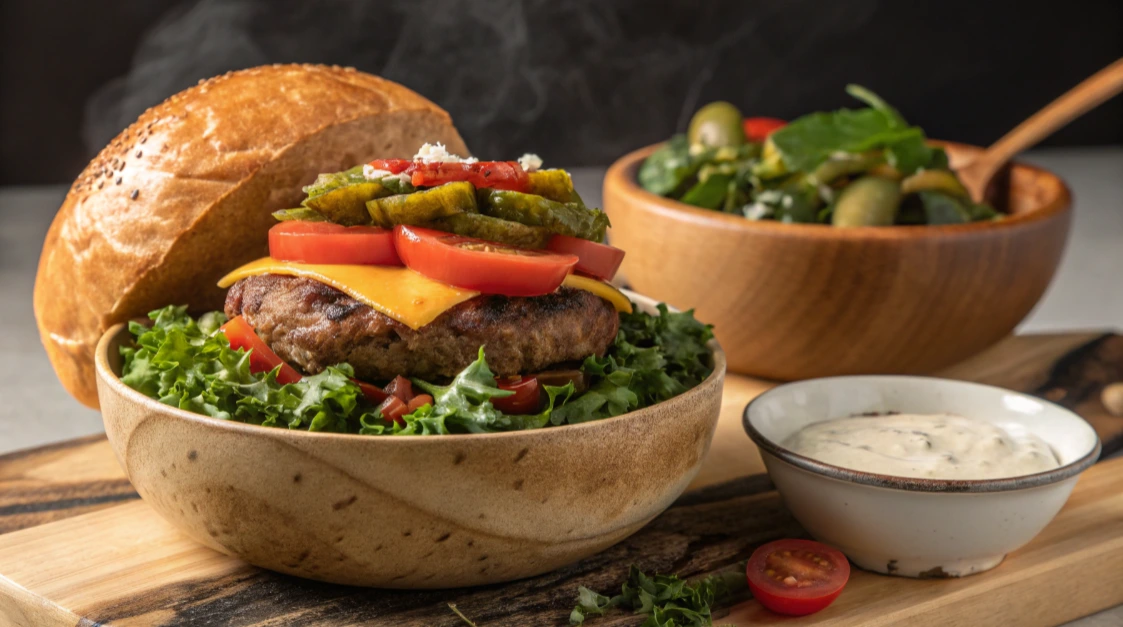 hamburger bowl A deconstructed hamburger bowl served in a white dish, featuring seasoned ground beef, crisp lettuce, fresh tomatoes, pickles, and a creamy sauce drizzle.