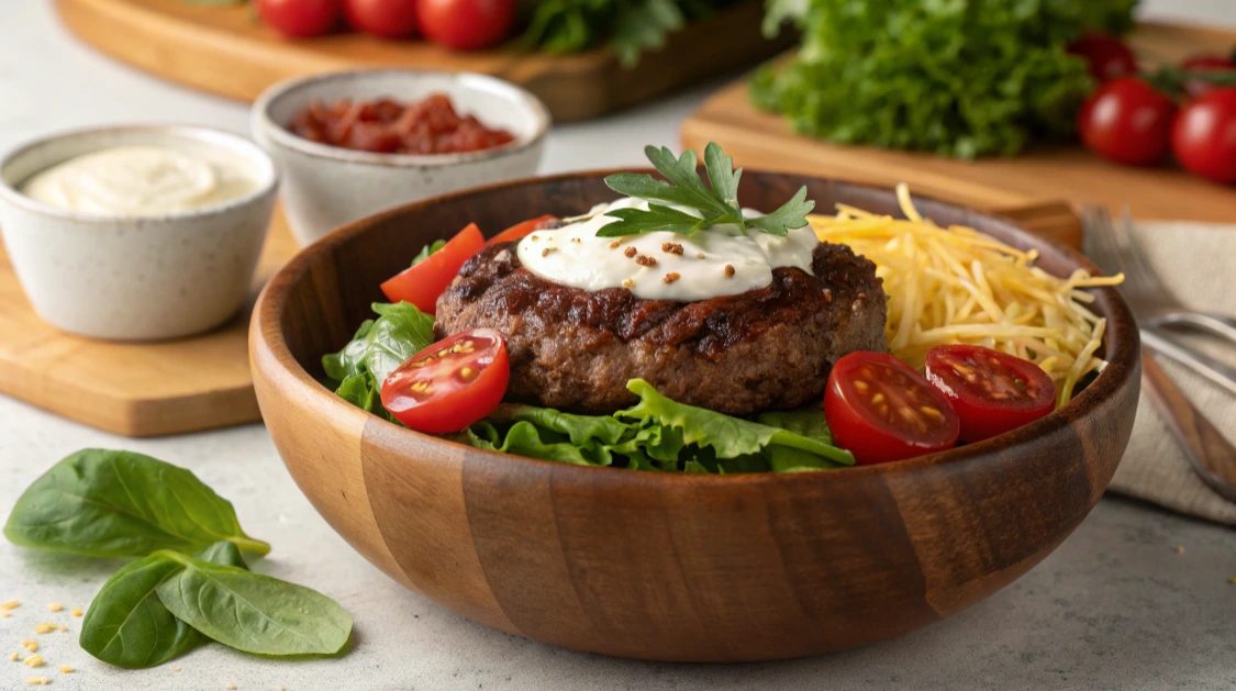 hamburger bowl A deconstructed hamburger bowl served in a white dish, featuring seasoned ground beef, crisp lettuce, fresh tomatoes, pickles, and a creamy sauce drizzle.