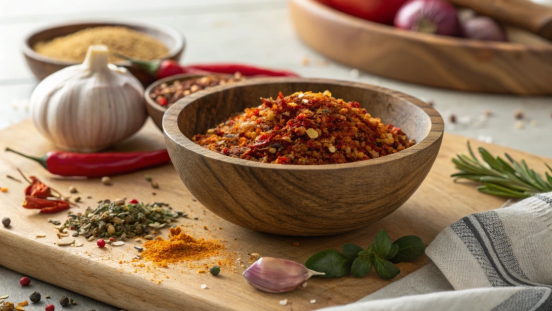 perfect seasoning for homemade burgers A small bowl of homemade hamburger seasoning showcasing a colorful blend of dried herbs and spices, with a measuring spoon nearby.