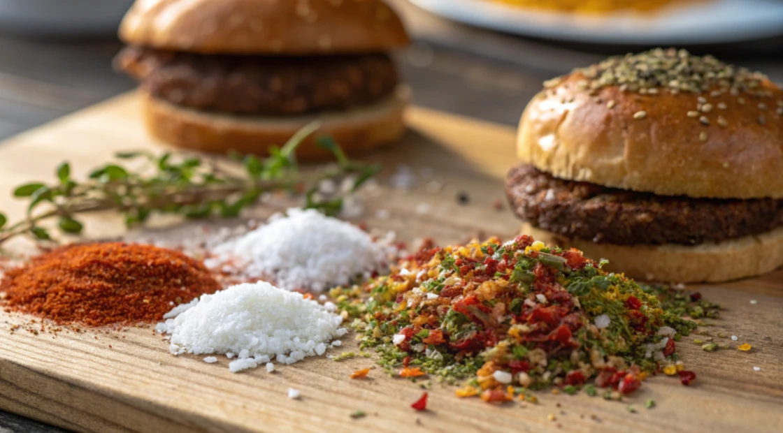 gourmet seasoning for hamburgers A small bowl of homemade hamburger seasoning showcasing a colorful blend of dried herbs and spices, with a measuring spoon nearby.