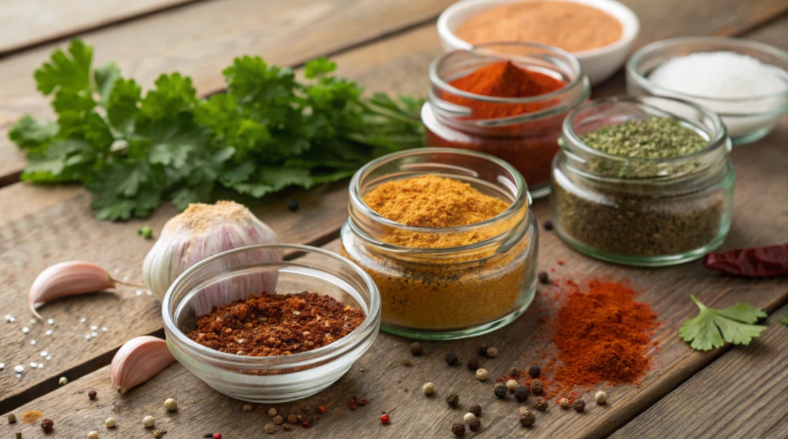 A small bowl of homemade best hamburger seasoning showcasing a colorful blend of dried herbs and spices, with a measuring spoon nearby.