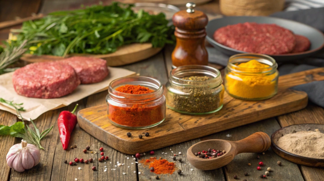 hamburger seasoning A small bowl of homemade best hamburger seasoning showcasing a colorful blend of dried herbs and spices, with a measuring spoon nearby.