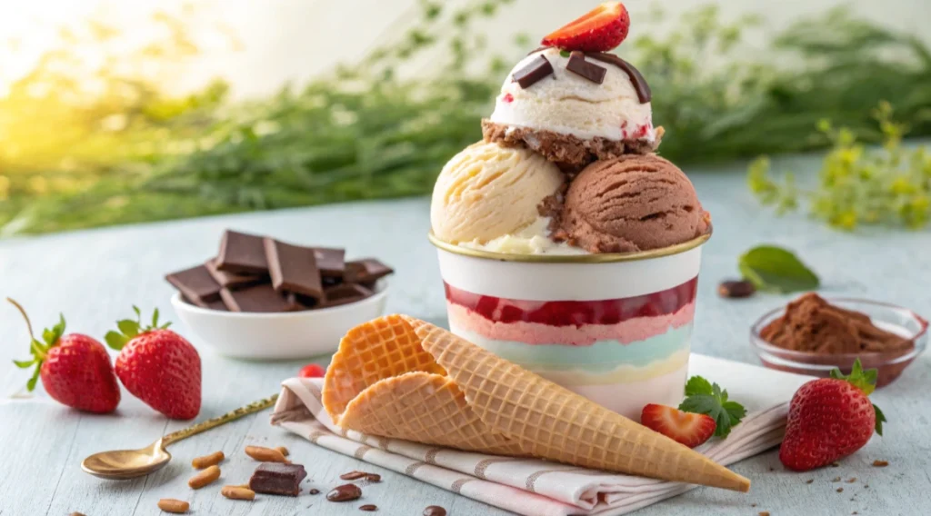 ingredient **Alt Text for Neapolitan Ice Cream Image:** "A vibrant close-up of a classic Neapolitan ice cream scoop trio. Creamy vanilla, rich chocolate, and sweet strawberry ice cream are perfectly aligned side by side, showcasing their distinct pastel hues. The smooth texture of each flavor is highlighted, with faint swirls where the flavors meet. The background features a simple, light surface, emphasizing the ice cream's colorful appeal. A timeless treat that celebrates variety in every scoop."