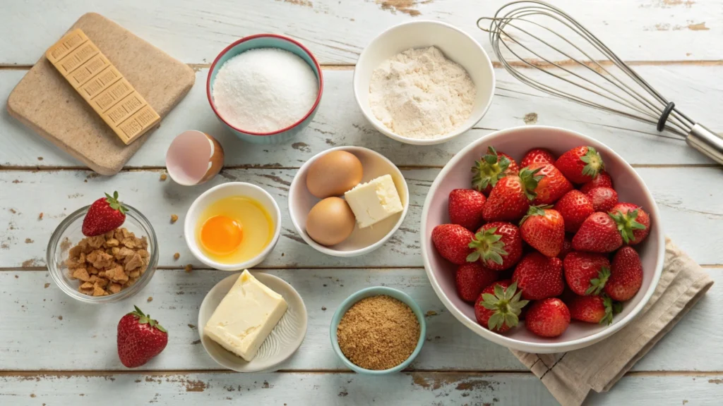 Strawberry Cheesecake Bars Ingredients ingredients of Delicious strawberry cheesecake bars featuring a buttery graham cracker crust, creamy cheesecake layer, and fresh strawberry swirl, cut into perfect squares and served on a plate.