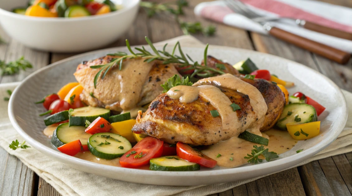 A perfectly seasoned, crispy-skinned chicken thigh on a white plate, garnished with fresh herbs and presented as a keto-friendly meal option.