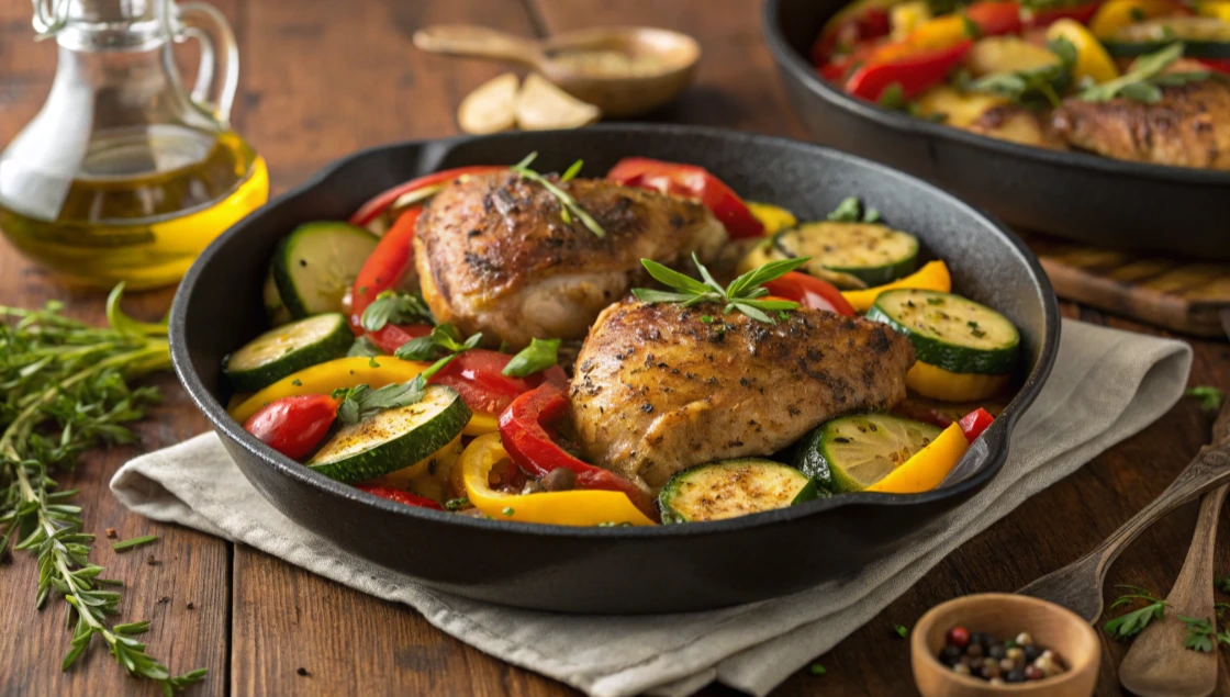 A perfectly seasoned, crispy-skinned chicken thigh on a white plate, garnished with fresh herbs and presented as a keto-friendly meal option.