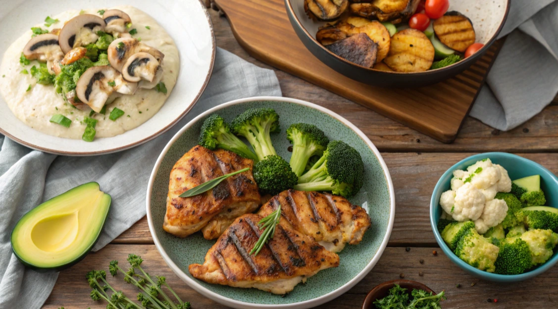 A perfectly seasoned, crispy-skinned chicken thigh on a white plate, garnished with fresh herbs and presented as a keto-friendly meal option.