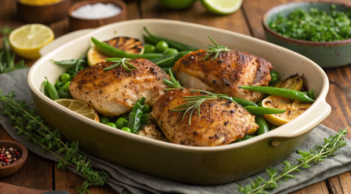 A perfectly seasoned, crispy-skinned chicken thigh on a white plate, garnished with fresh herbs and presented as a keto-friendly meal option.