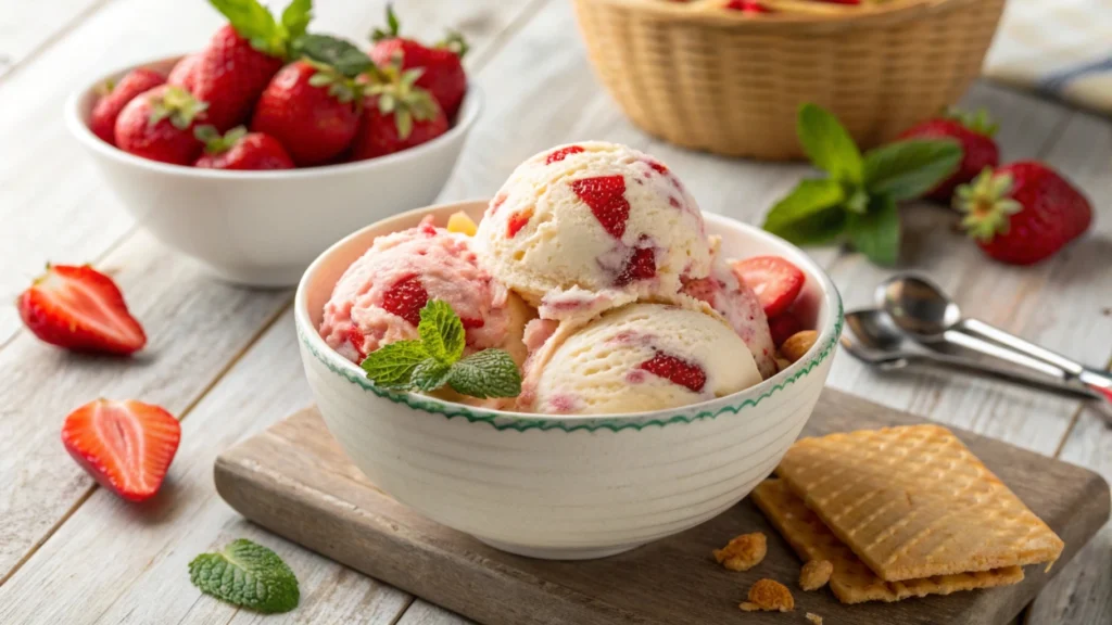 Gourmet Strawberry Ice Cream Delight A vibrant bowl of homemade strawberry cheesecake ice cream with creamy swirls of bright red strawberries, chunks of graham cracker crust, topped with fresh strawberry slices and a sprig of mint, set on a rustic wooden table with fresh strawberries and cheesecake