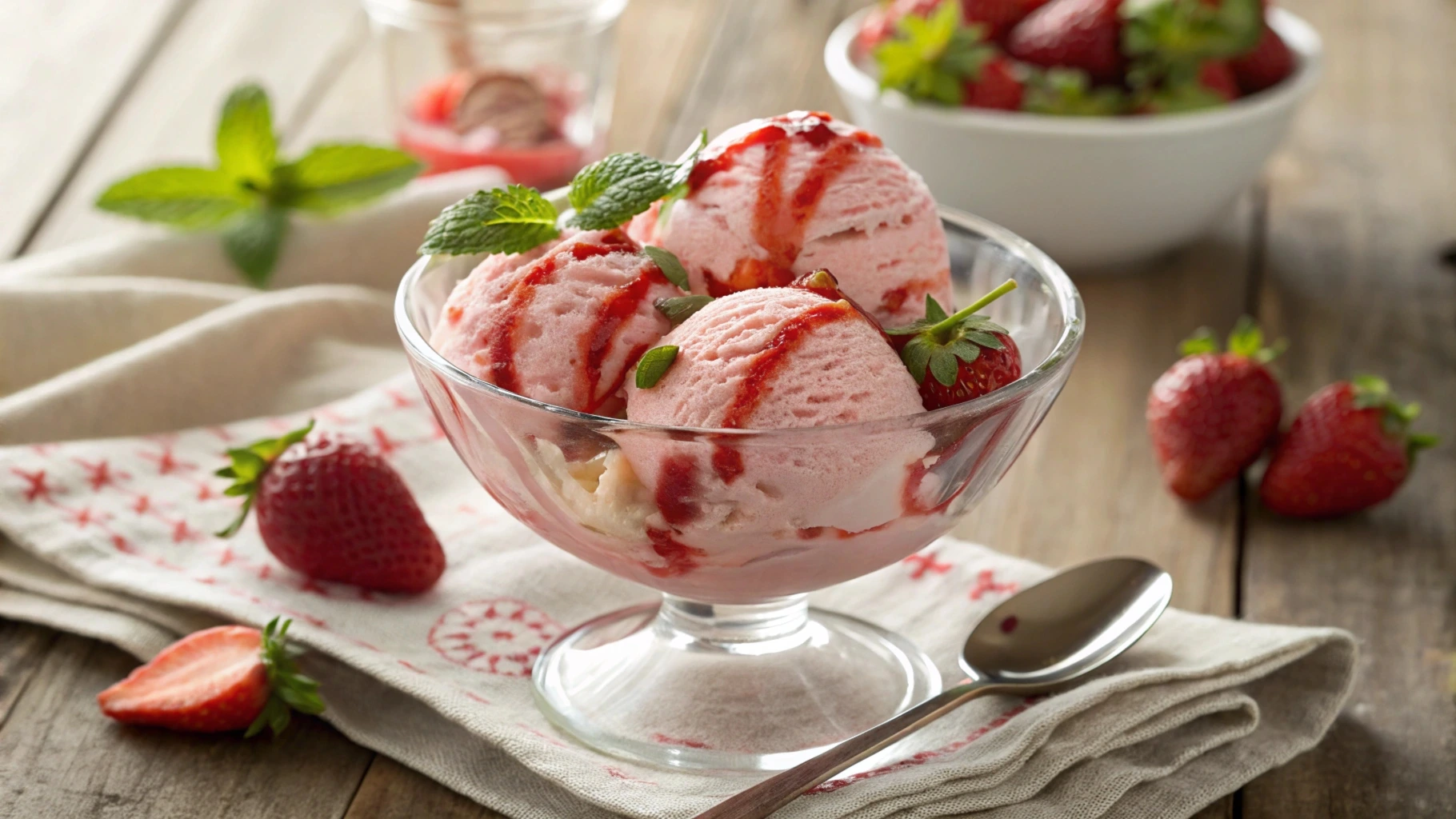 Ultimate Homemade Strawberry Cheesecake Ice Cream Recipe 1 A vibrant bowl of homemade strawberry cheesecake ice cream with creamy swirls of bright red strawberries, chunks of graham cracker crust, topped with fresh strawberry slices and a sprig of mint, set on a rustic wooden table with fresh strawberries and cheesecake