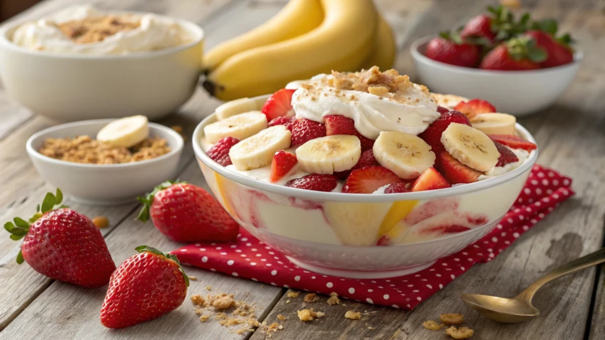 A vibrant bowl of strawberry banana cheesecake salad garnished with crushed graham crackers, showcasing fresh fruit slices and creamy texture.