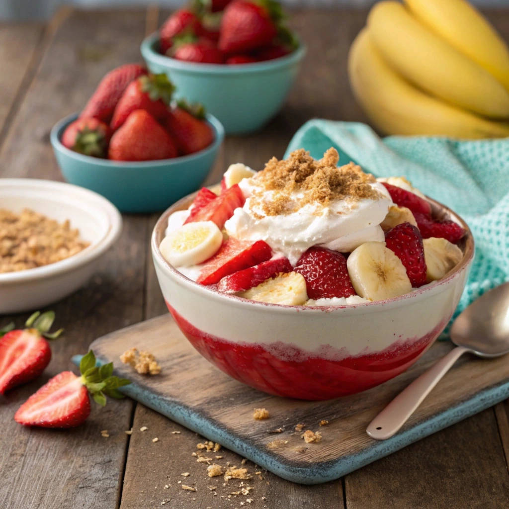 Close-up of a spoonful of strawberry banana cheesecake salad with whipped topping and fresh fruit slices.