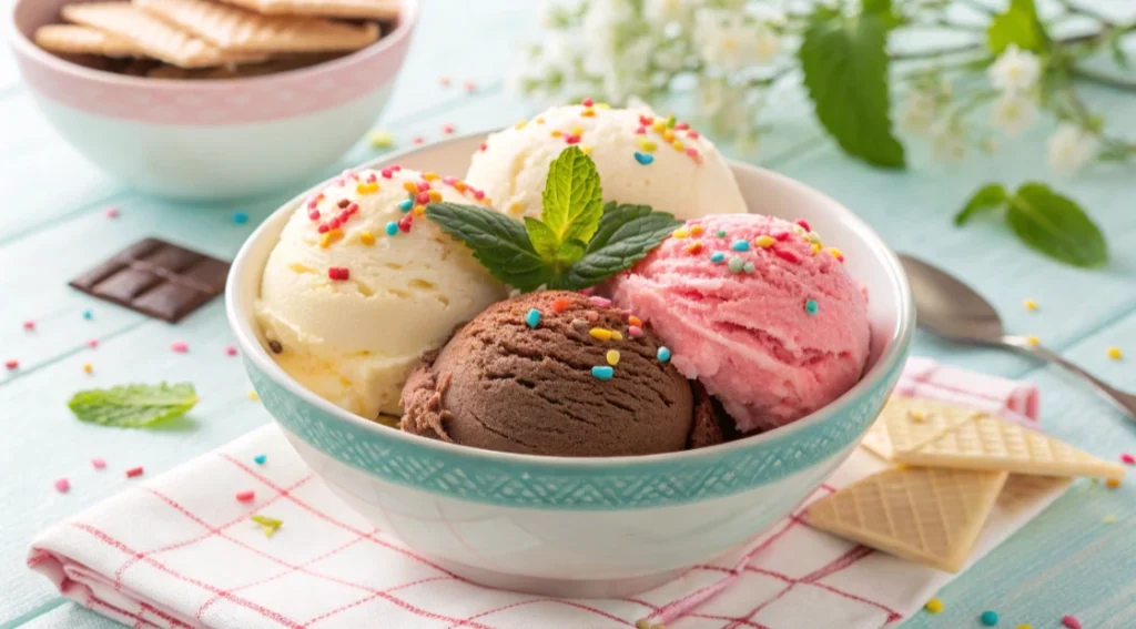 **Alt Text for Neapolitan Ice Cream Image:** "A vibrant close-up of a classic Neapolitan ice cream scoop trio. Creamy vanilla, rich chocolate, and sweet strawberry ice cream are perfectly aligned side by side, showcasing their distinct pastel hues. The smooth texture of each flavor is highlighted, with faint swirls where the flavors meet. The background features a simple, light surface, emphasizing the ice cream's colorful appeal. A timeless treat that celebrates variety in every scoop."