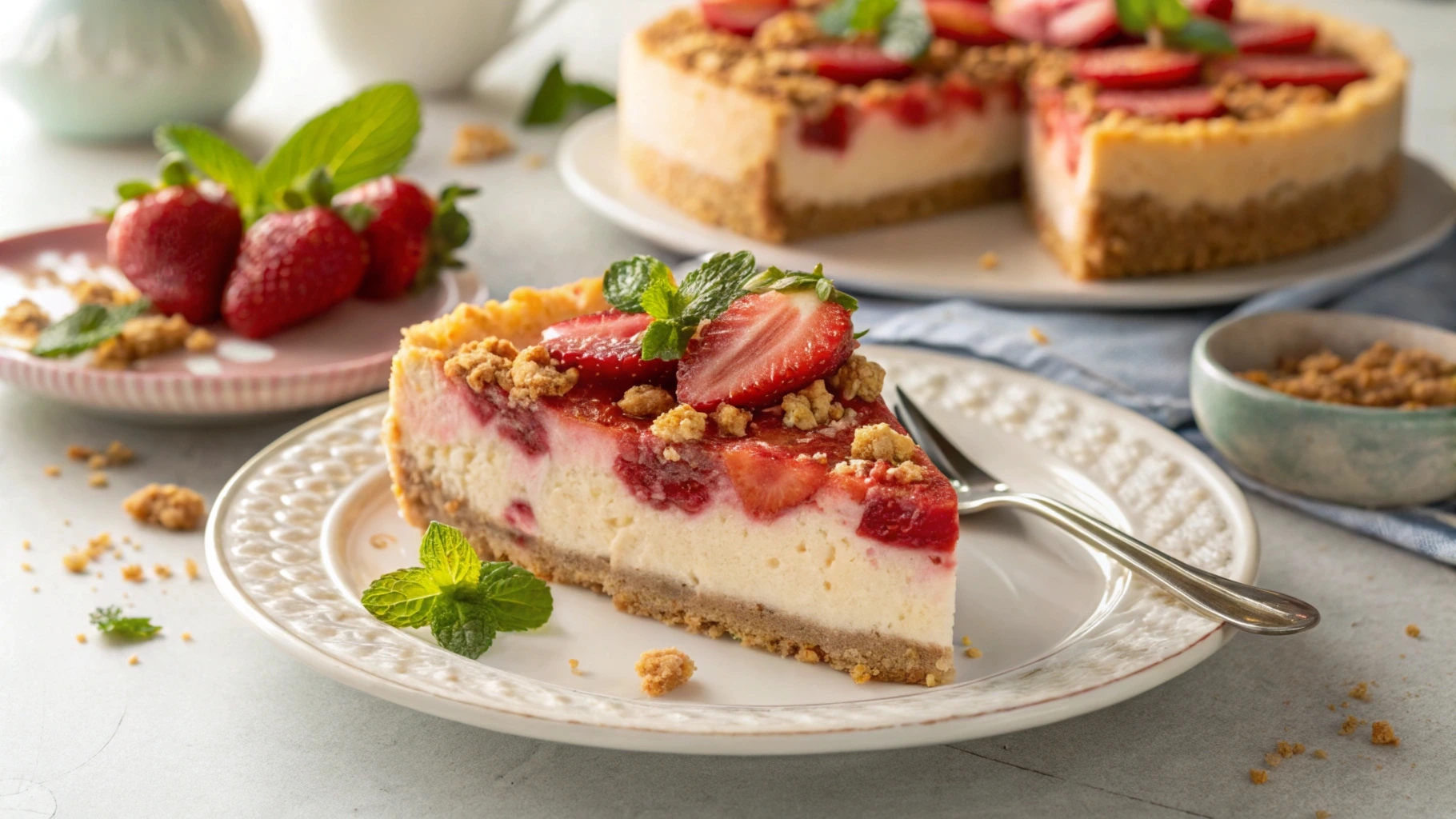 A luscious strawberry crunch cheesecake with a golden Oreo crust, creamy filling, and a vibrant strawberry crumble topping, garnished with fresh strawberries.