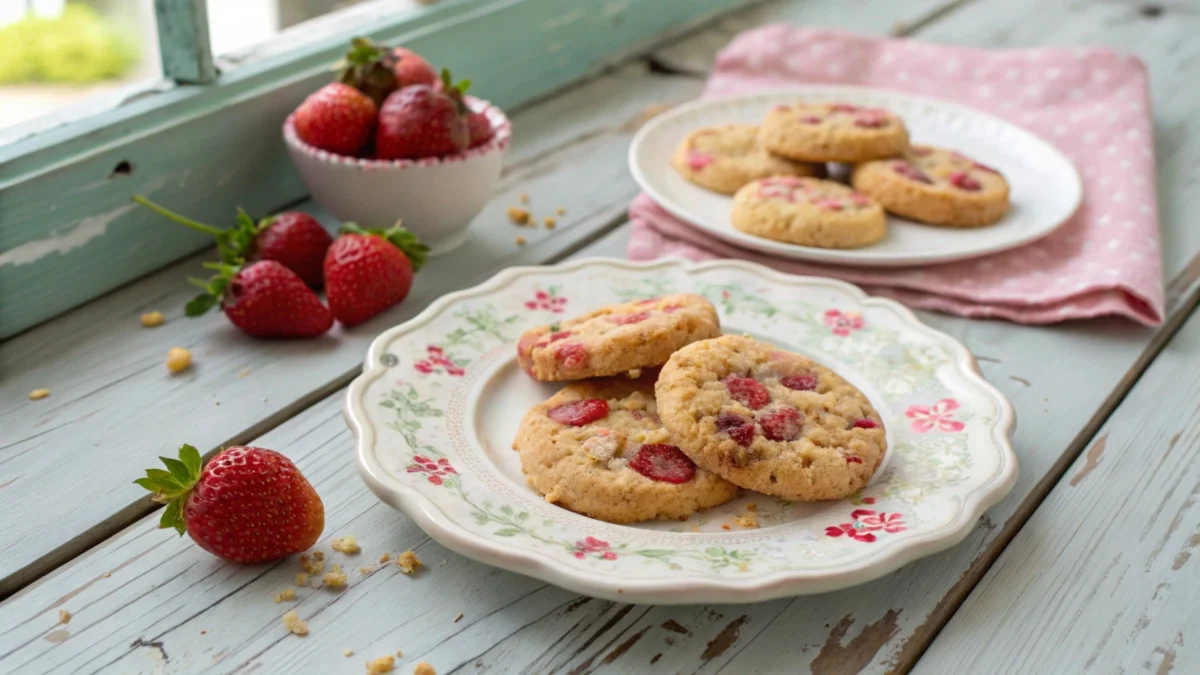 A delectable slice of strawberry crunch cheesecake topped with fresh strawberries and a crunchy golden crumble, served on a white plate.