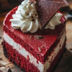 A slice of red velvet cheesecake with a creamy cheesecake layer, red velvet base, and cream cheese frosting on top