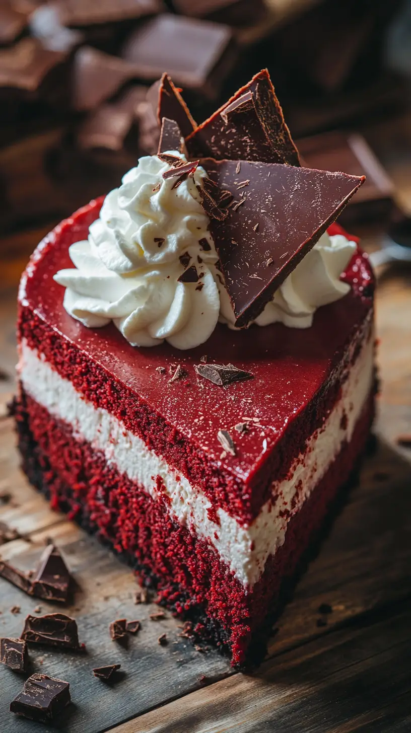 A slice of red velvet cheesecake with a creamy cheesecake layer, red velvet base, and cream cheese frosting on top
