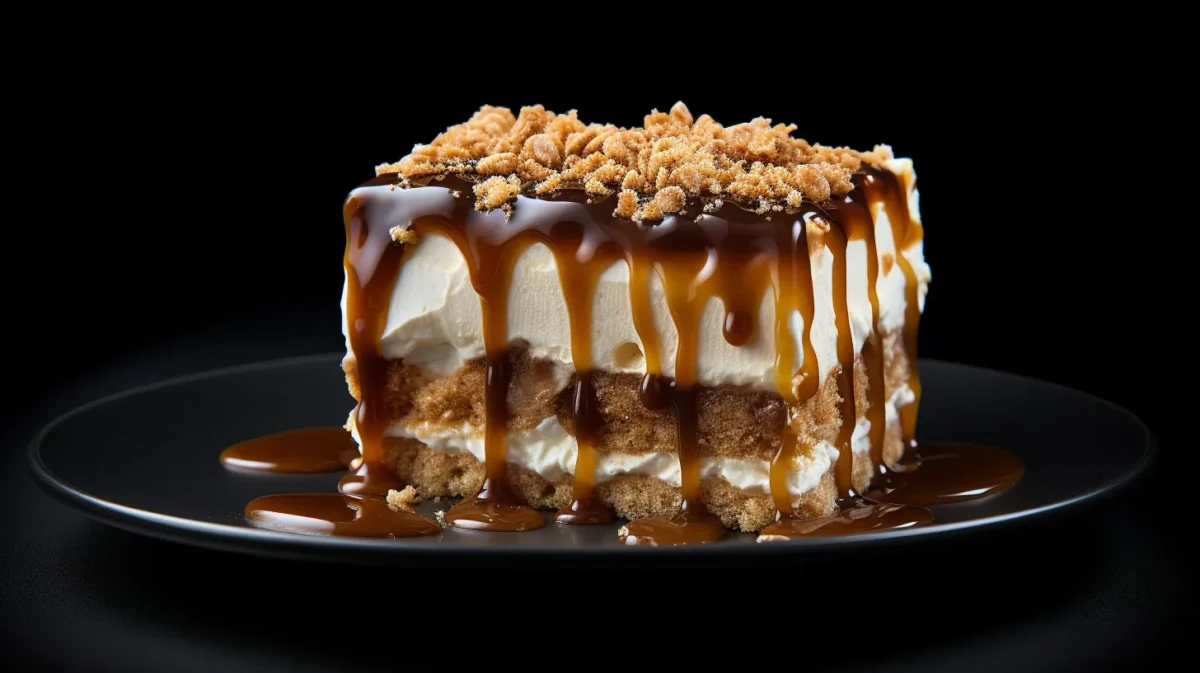 A decadent Caramel Toffee Crunch Cake with layers of moist cake, gooey caramel, crunchy toffee bits, and creamy frosting