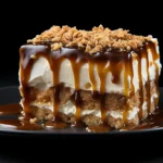 A decadent Caramel Toffee Crunch Cake with layers of moist cake, gooey caramel, crunchy toffee bits, and creamy frosting