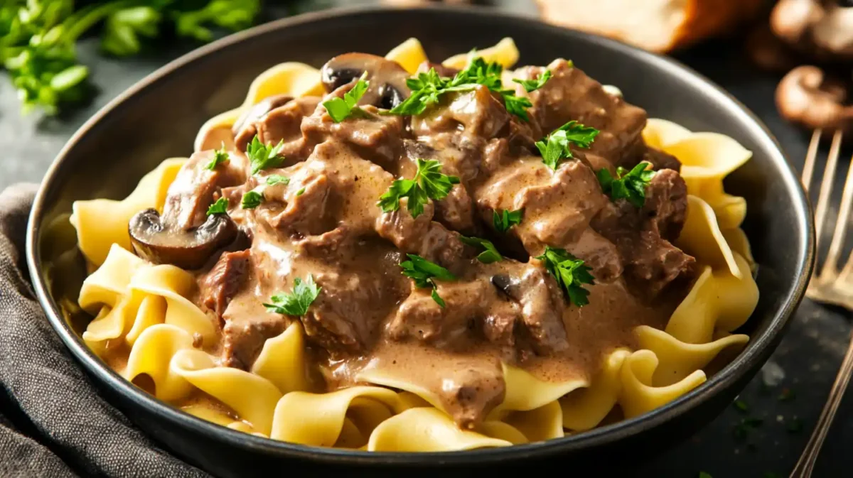 hamburger helper beef stroganoff featuring tender pieces of beef, mushrooms, and a rich gravy